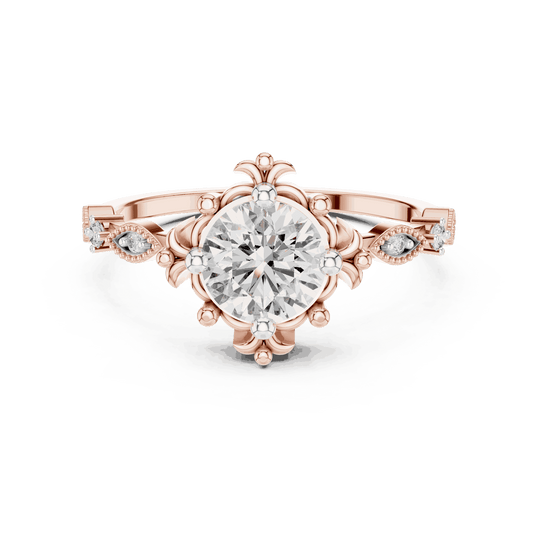 14K Rose Gold Diamond Ring featuring Round Sunburst Crown style with Milgrain finish for women - Perfect Bridal & Anniversary Gift - Front View