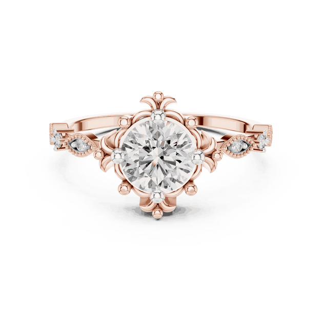 14K Rose Gold Diamond Ring featuring Round Sunburst Crown style with Milgrain finish for women - Perfect Bridal & Anniversary Gift - Front View