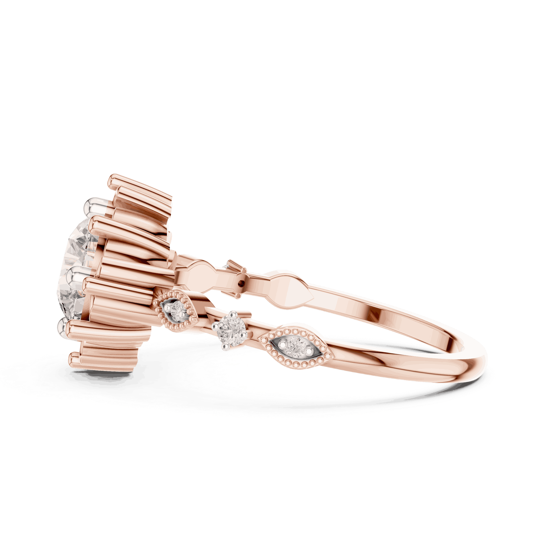 14K Rose Gold Diamond Ring featuring Round Sunburst Crown style with Milgrain finish for women - Perfect Bridal & Anniversary Gift - Side View