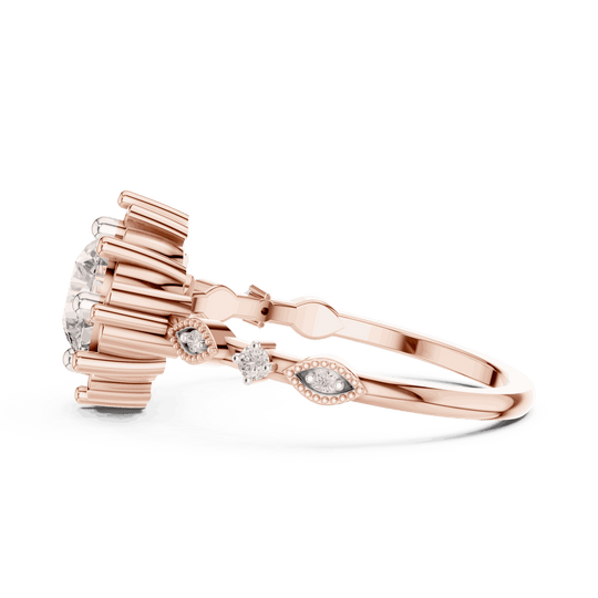 14K Rose Gold Diamond Ring featuring Round Sunburst Crown style with Milgrain finish for women - Perfect Bridal & Anniversary Gift - Side View
