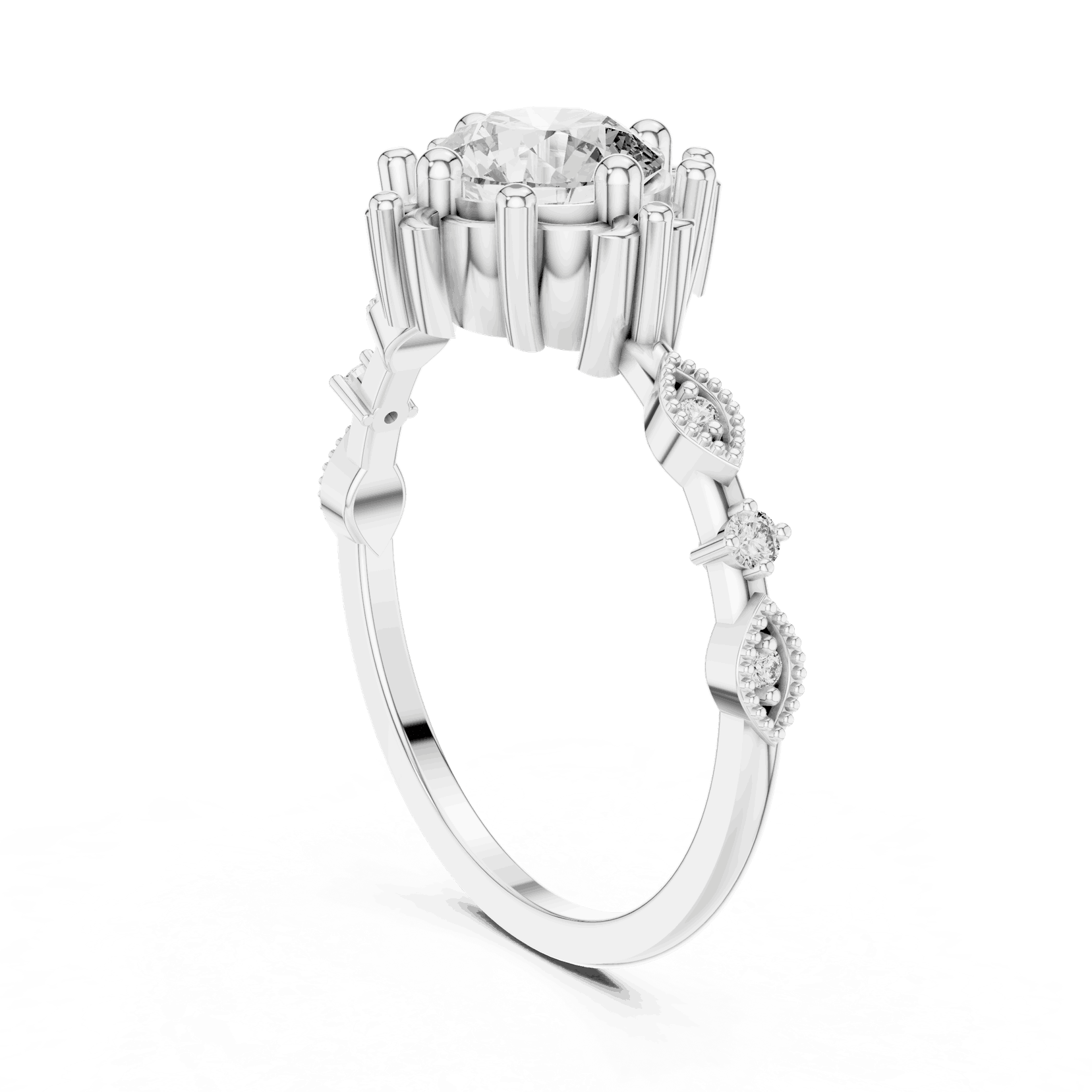 14K White Gold Diamond Ring featuring Round Sunburst Crown style with Milgrain finish for women - Perfect Bridal & Anniversary Gift - Angled View