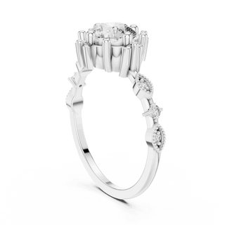 14K White Gold Diamond Ring featuring Round Sunburst Crown style with Milgrain finish for women - Perfect Bridal & Anniversary Gift - Angled View
