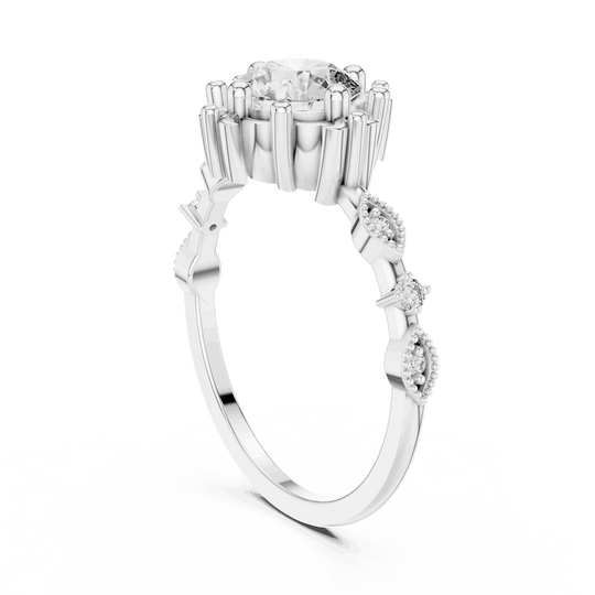 14K White Gold Diamond Ring featuring Round Sunburst Crown style with Milgrain finish for women - Perfect Bridal & Anniversary Gift - Angled View