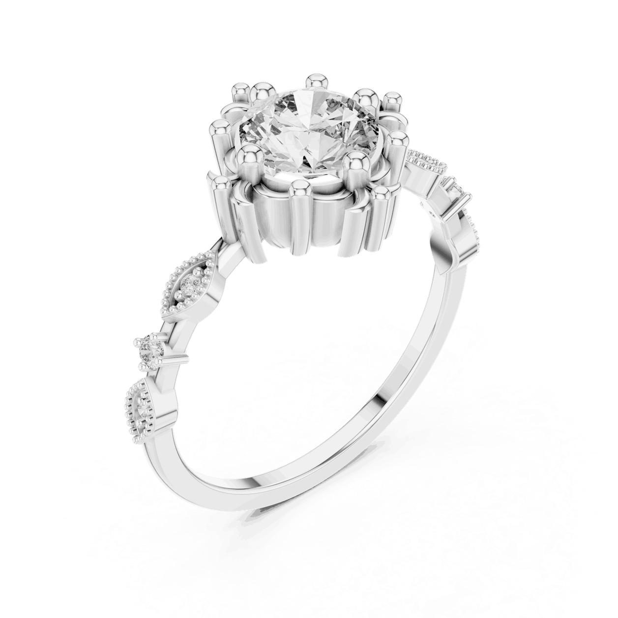 14K White Gold Diamond Ring featuring Round Sunburst Crown style with Milgrain finish for women - Perfect Bridal & Anniversary Gift - Angled View 2