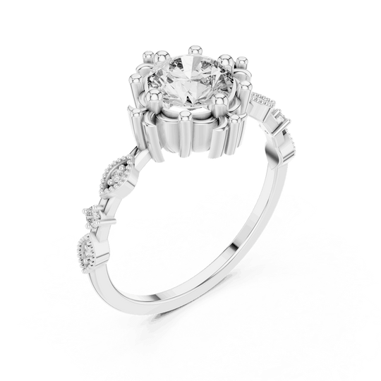 14K White Gold Diamond Ring featuring Round Sunburst Crown style with Milgrain finish for women - Perfect Bridal & Anniversary Gift - Angled View 2