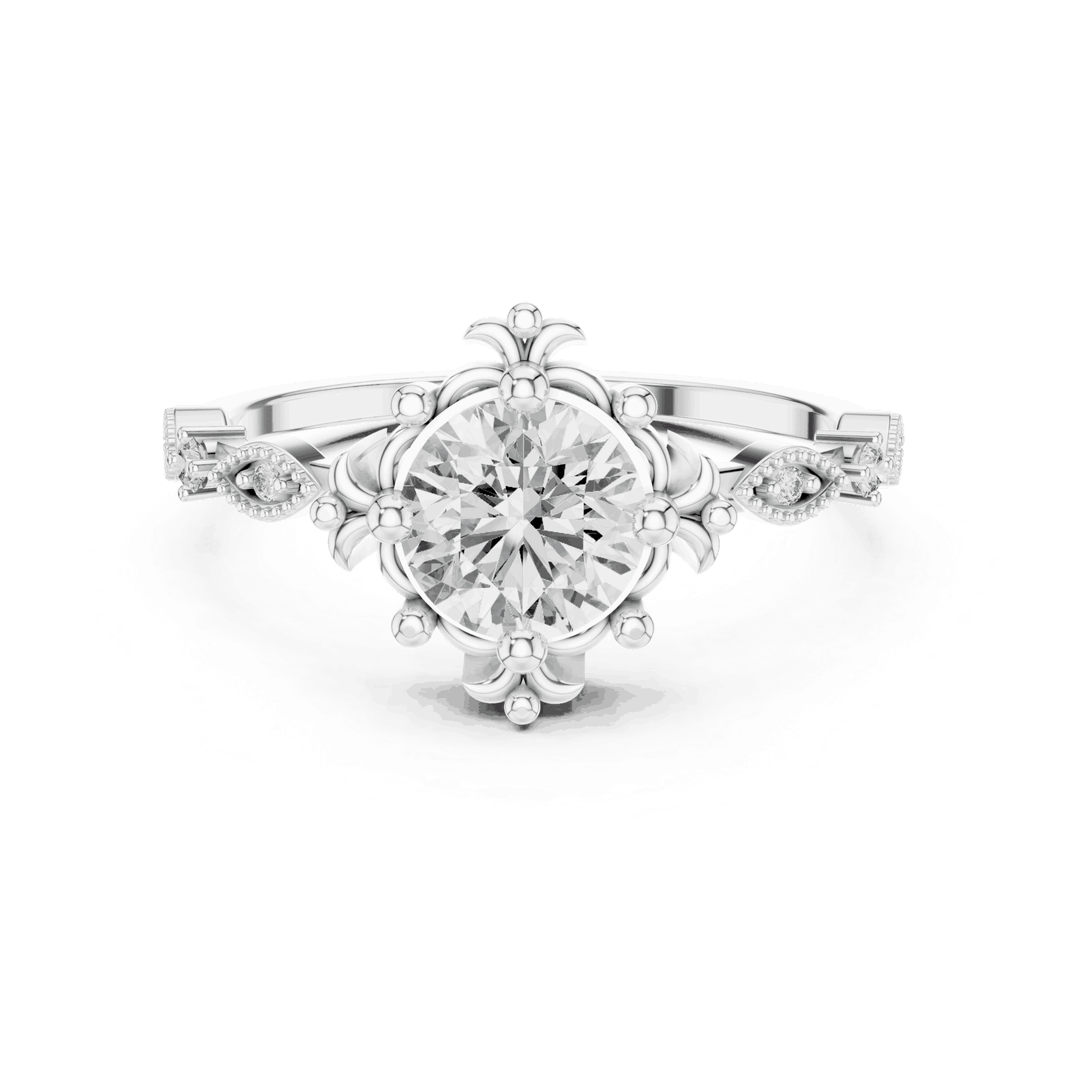 14K White Gold Diamond Ring featuring Round Sunburst Crown style with Milgrain finish for women - Perfect Bridal & Anniversary Gift - Front View