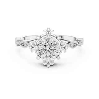 14K White Gold Diamond Ring featuring Round Sunburst Crown style with Milgrain finish for women - Perfect Bridal & Anniversary Gift - Front View
