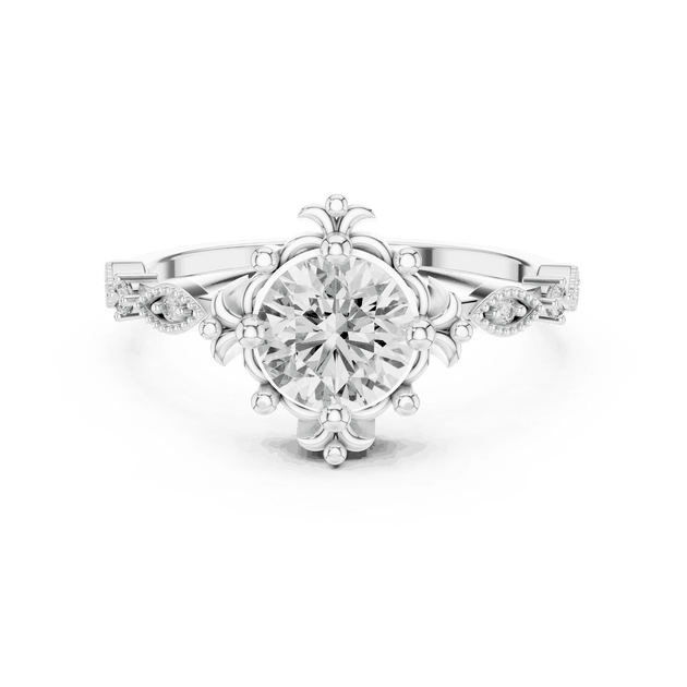 14K White Gold Diamond Ring featuring Round Sunburst Crown style with Milgrain finish for women - Perfect Bridal & Anniversary Gift - Front View