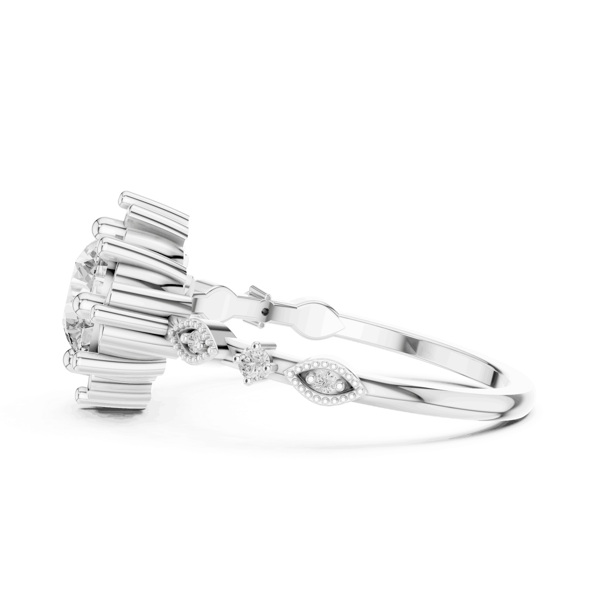 14K White Gold Diamond Ring featuring Round Sunburst Crown style with Milgrain finish for women - Perfect Bridal & Anniversary Gift - Side View