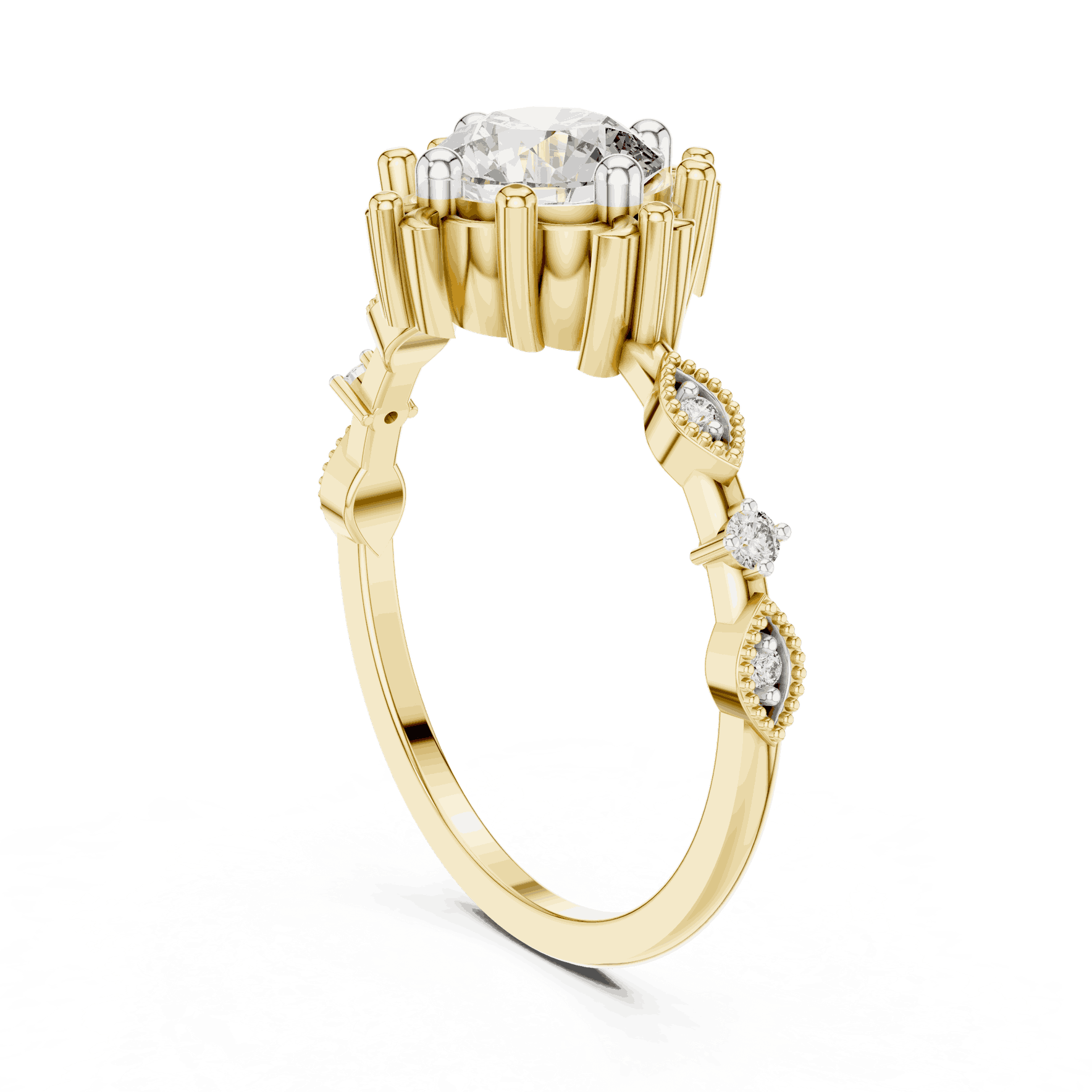 14K Yellow Gold Diamond Ring featuring Round Sunburst Crown style with Milgrain finish for women - Perfect Bridal & Anniversary Gift - Angled View
