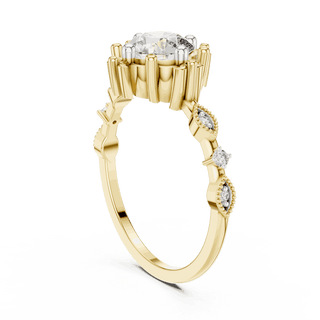 14K Yellow Gold Diamond Ring featuring Round Sunburst Crown style with Milgrain finish for women - Perfect Bridal & Anniversary Gift - Angled View