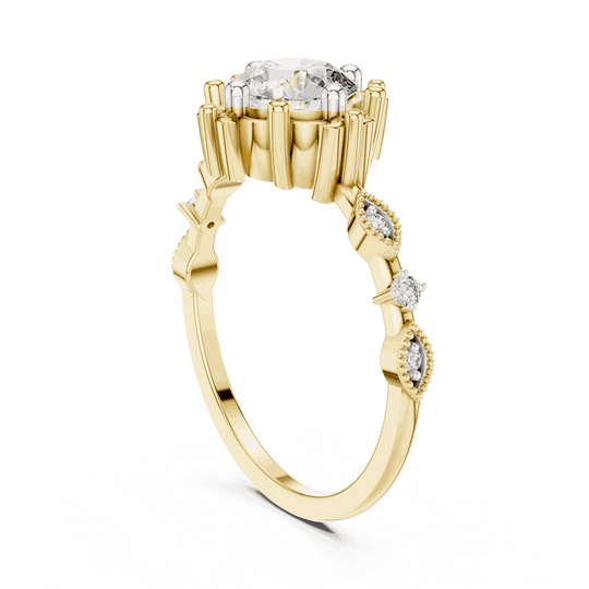 14K Yellow Gold Diamond Ring featuring Round Sunburst Crown style with Milgrain finish for women - Perfect Bridal & Anniversary Gift - Angled View