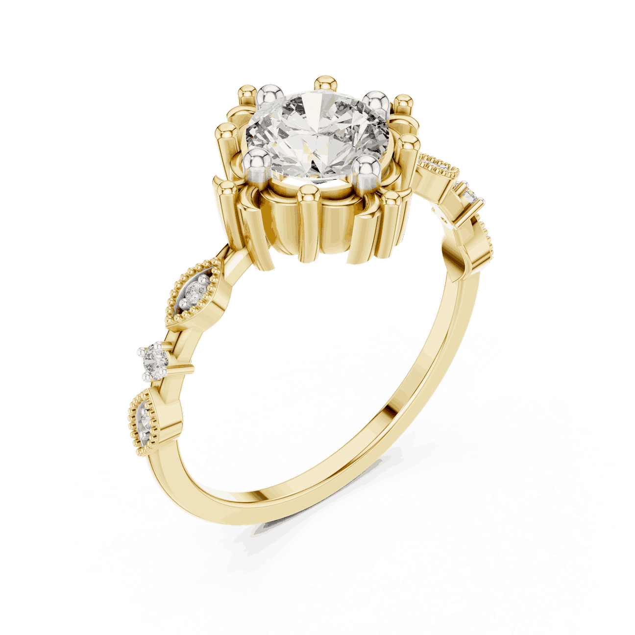 14K Yellow Gold Diamond Ring featuring Round Sunburst Crown style with Milgrain finish for women - Perfect Bridal & Anniversary Gift - Angled View 2
