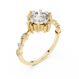 14K Yellow Gold Diamond Ring featuring Round Sunburst Crown style with Milgrain finish for women - Perfect Bridal & Anniversary Gift - Angled View 2