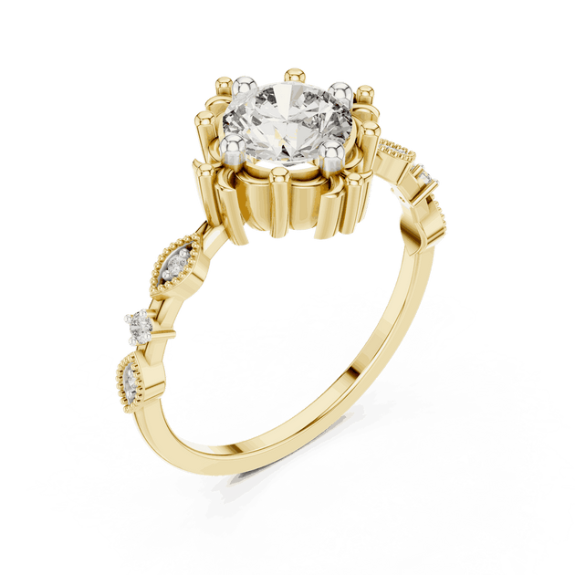 14K Yellow Gold Diamond Ring featuring Round Sunburst Crown style with Milgrain finish for women - Perfect Bridal & Anniversary Gift - Angled View 2