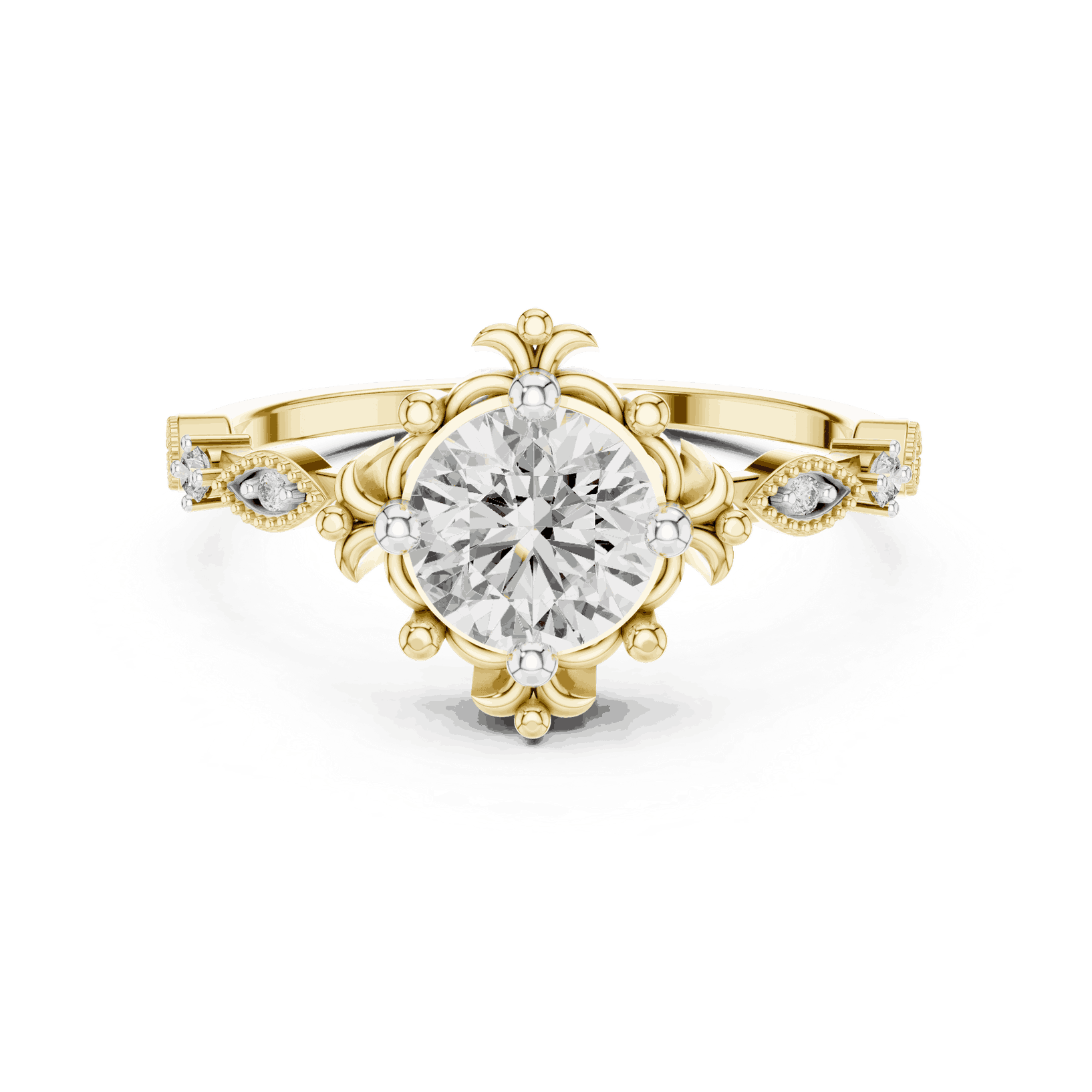14K Yellow Gold Diamond Ring featuring Round Sunburst Crown style with Milgrain finish for women - Perfect Bridal & Anniversary Gift - Front View