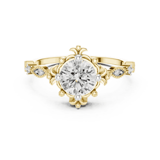 14K Yellow Gold Diamond Ring featuring Round Sunburst Crown style with Milgrain finish for women - Perfect Bridal & Anniversary Gift - Front View