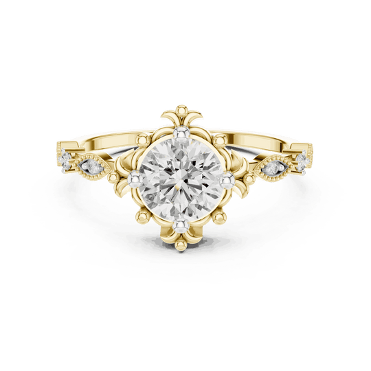 14K Yellow Gold Diamond Ring featuring Round Sunburst Crown style with Milgrain finish for women - Perfect Bridal & Anniversary Gift - Front View