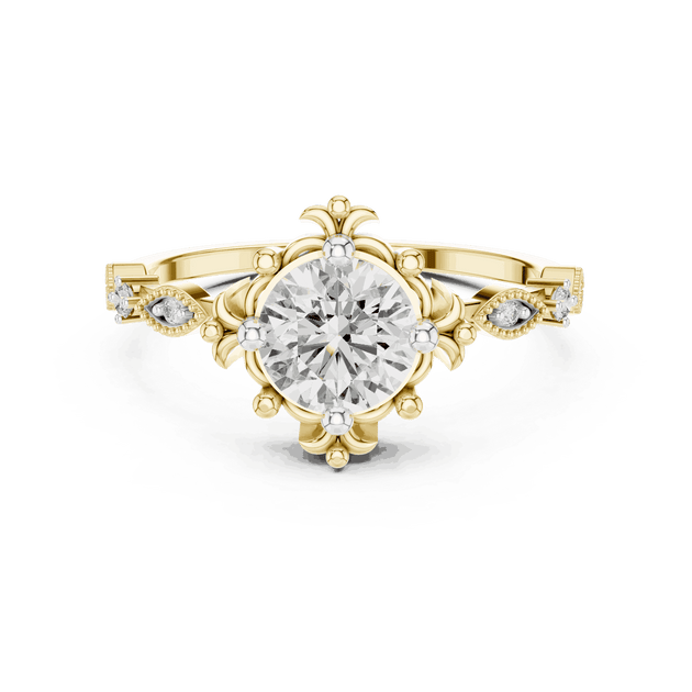14K Yellow Gold Diamond Ring featuring Round Sunburst Crown style with Milgrain finish for women - Perfect Bridal & Anniversary Gift - Front View