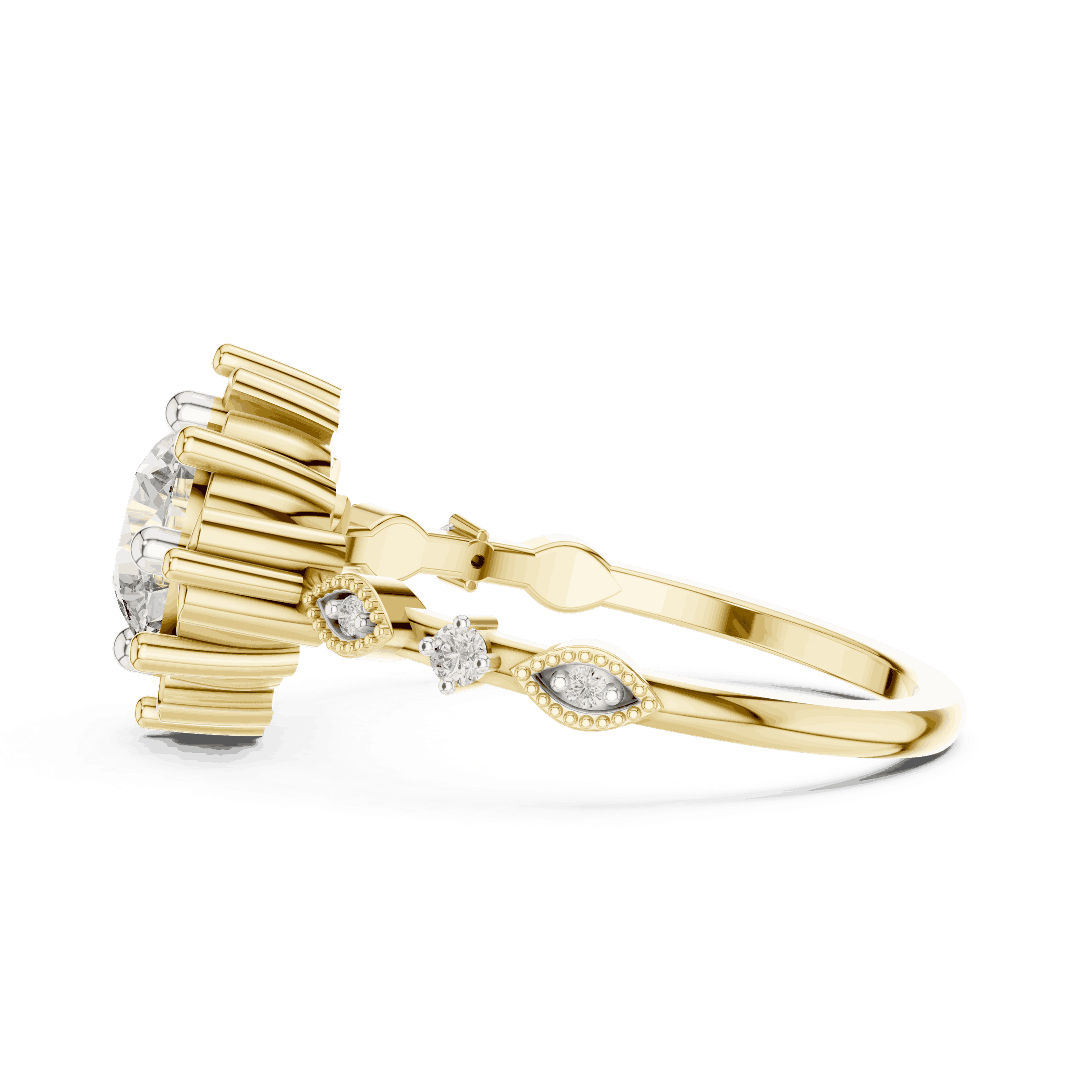14K Yellow Gold Diamond Ring featuring Round Sunburst Crown style with Milgrain finish for women - Perfect Bridal & Anniversary Gift - Side View