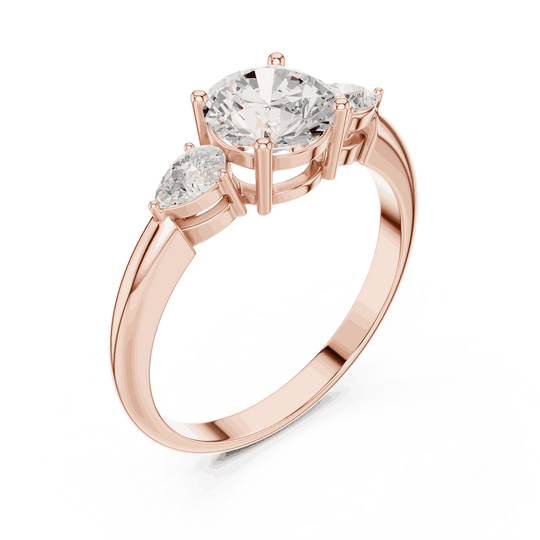Round Diamond Three Stone Pear Engagement Ring Rose Gold 18K | Lab Grown | Driona Jewels