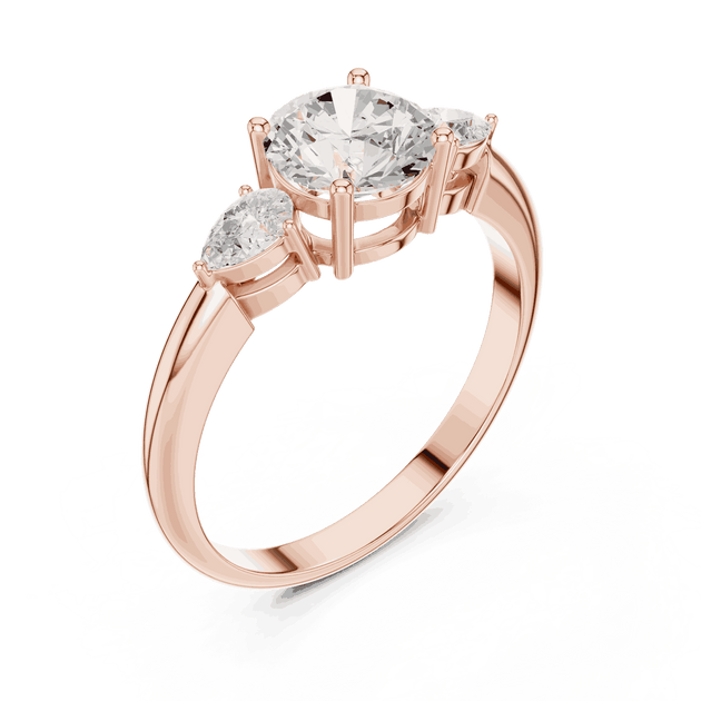 Round Diamond Three Stone Pear Engagement Ring Rose Gold 18K | Lab Grown | Driona Jewels