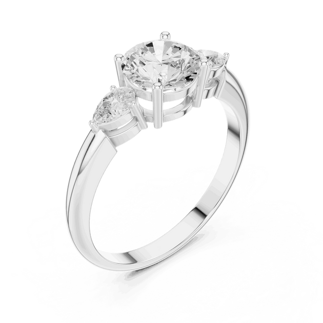 Round Diamond Three Stone Pear Engagement Ring Rose Gold 18K | Lab Grown | Driona Jewels