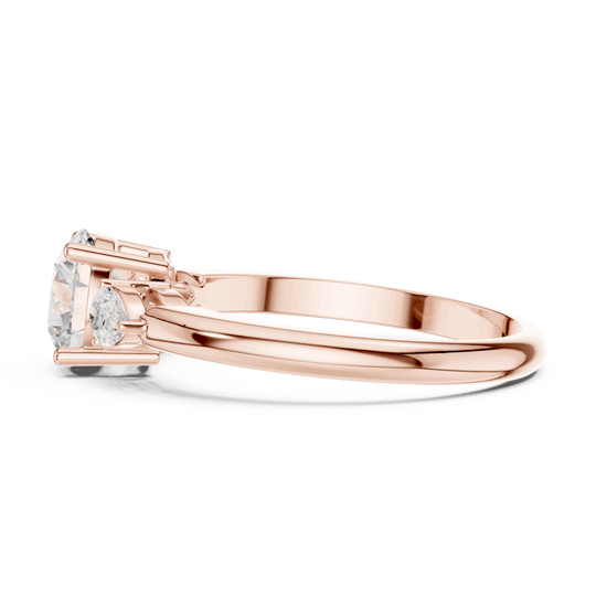 Round Diamond Three Stone Pear Engagement Ring Rose Gold 18K | Lab Grown | Driona Jewels