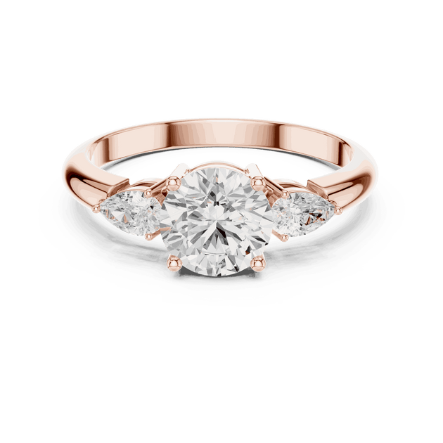Round Diamond Three Stone Pear Engagement Ring Rose Gold 18K | Lab Grown | Driona Jewels