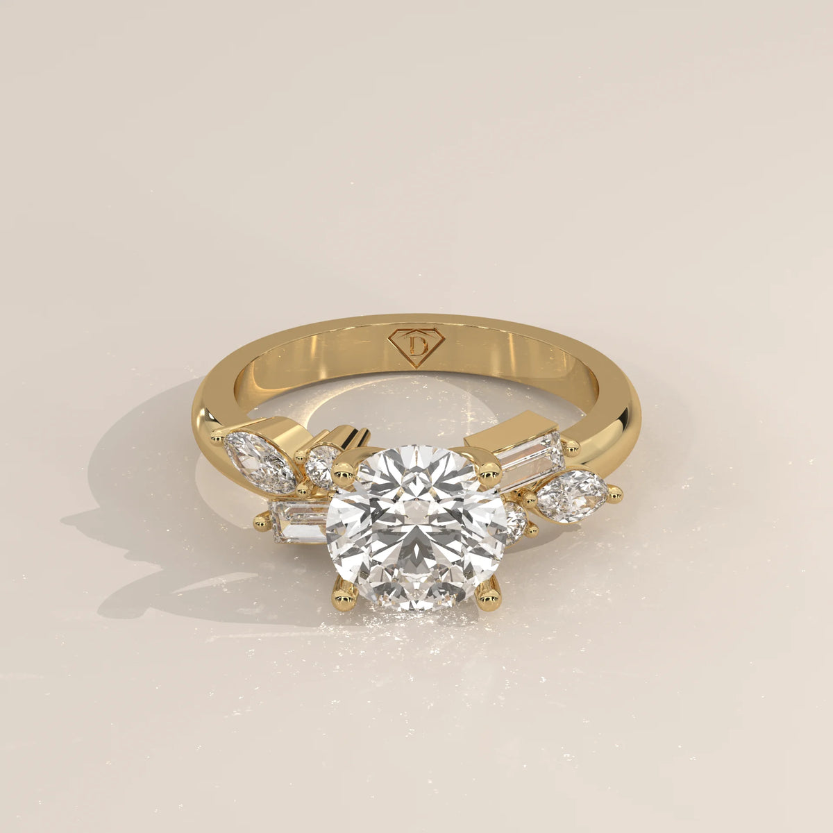Three-Quarter View: Round Diamond Ring with Prong Setting in Yellow Gold – Lab Grown – Driona Jewels