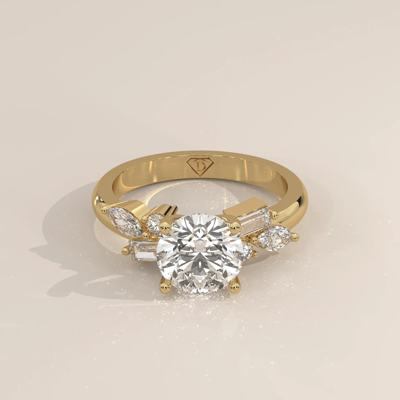 Three-Quarter View: Round Diamond Ring with Prong Setting in Yellow Gold – Lab Grown – Driona Jewels