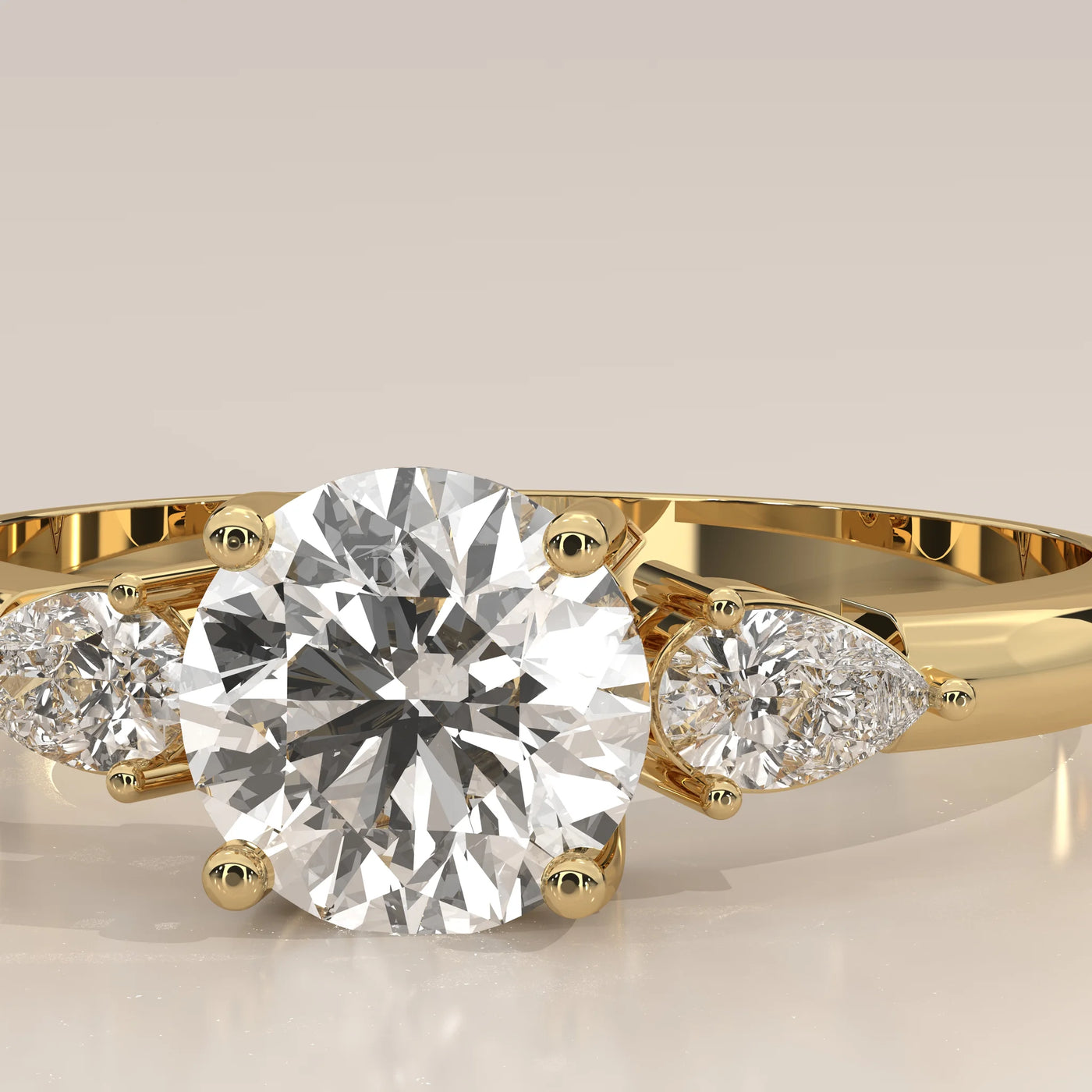 Stone Detail: Round Lab Grown Diamonds in Three-Stone Setting – Yellow Gold – Driona Jewels