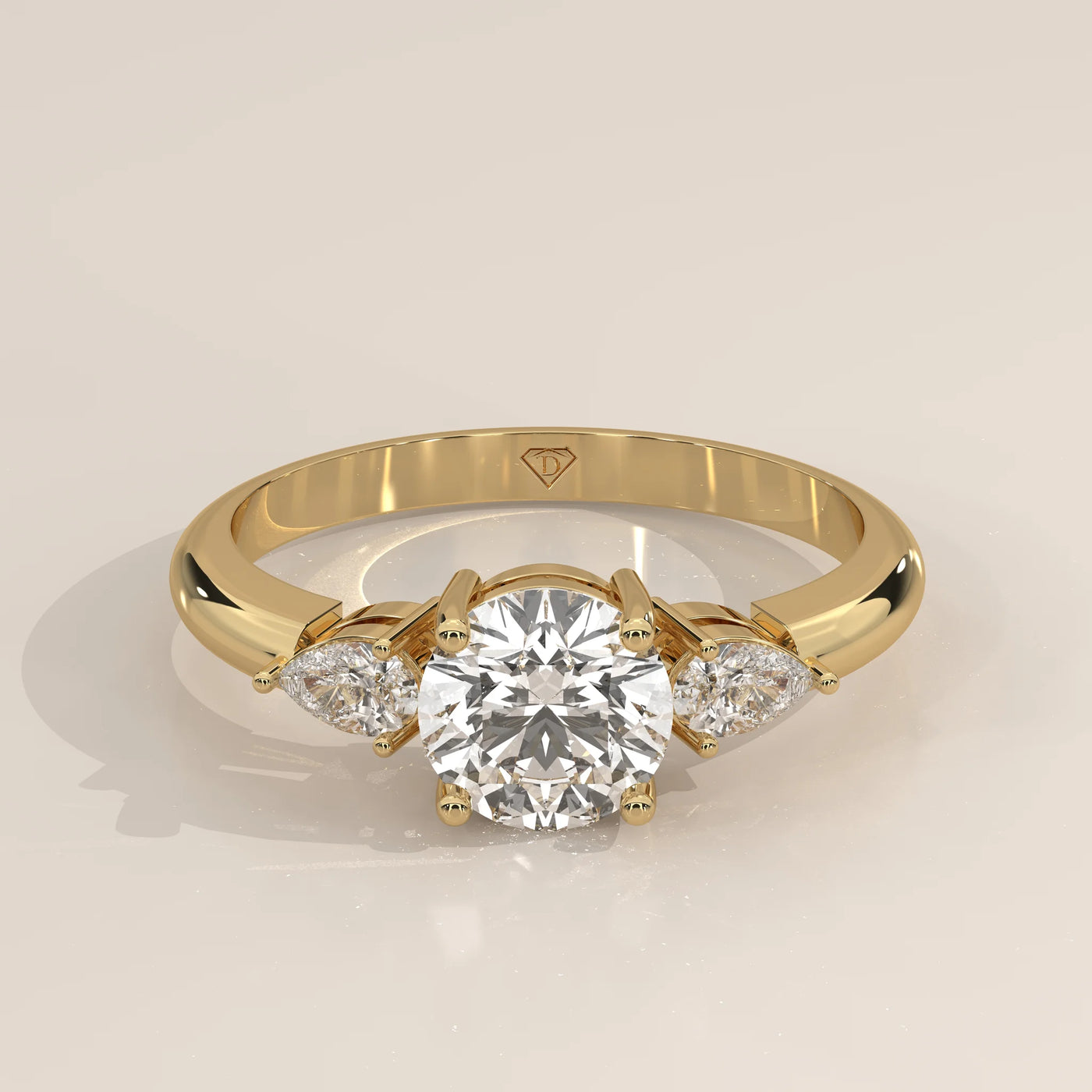 Three-Quarter View: Round Diamond Ring with Three-Stone Setting in Yellow Gold – Lab Grown – Driona Jewels
