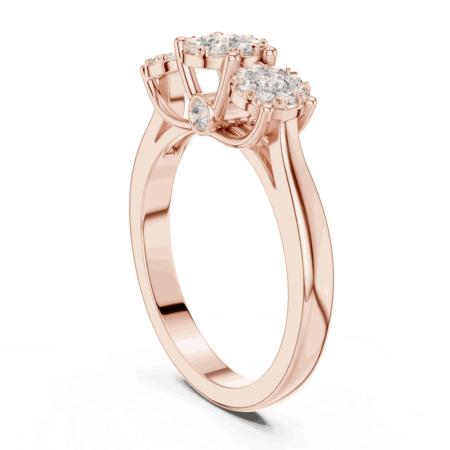 10K Rose Gold Diamond Engagement Ring featuring Trilogy Cluster Three-Stone style with Polished finish for women - Perfect Bridal & Anniversary Gift - Angled View