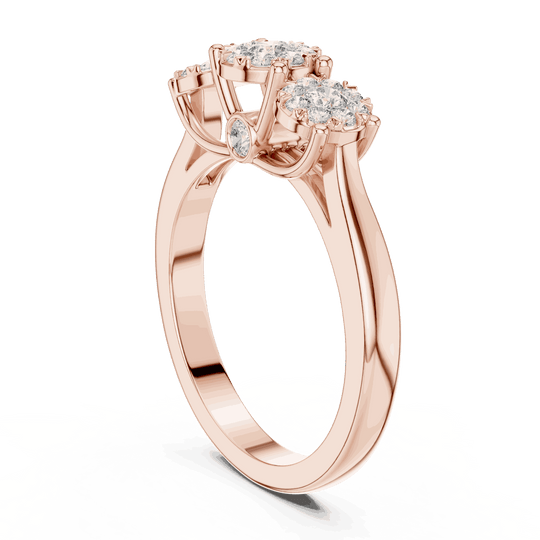 10K Rose Gold Diamond Engagement Ring featuring Trilogy Cluster Three-Stone style with Polished finish for women - Perfect Bridal & Anniversary Gift - Angled View