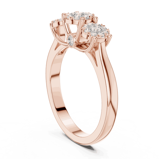 10K Rose Gold Diamond Engagement Ring featuring Trilogy Cluster Three-Stone style with Polished finish for women - Perfect Bridal & Anniversary Gift - Angled View