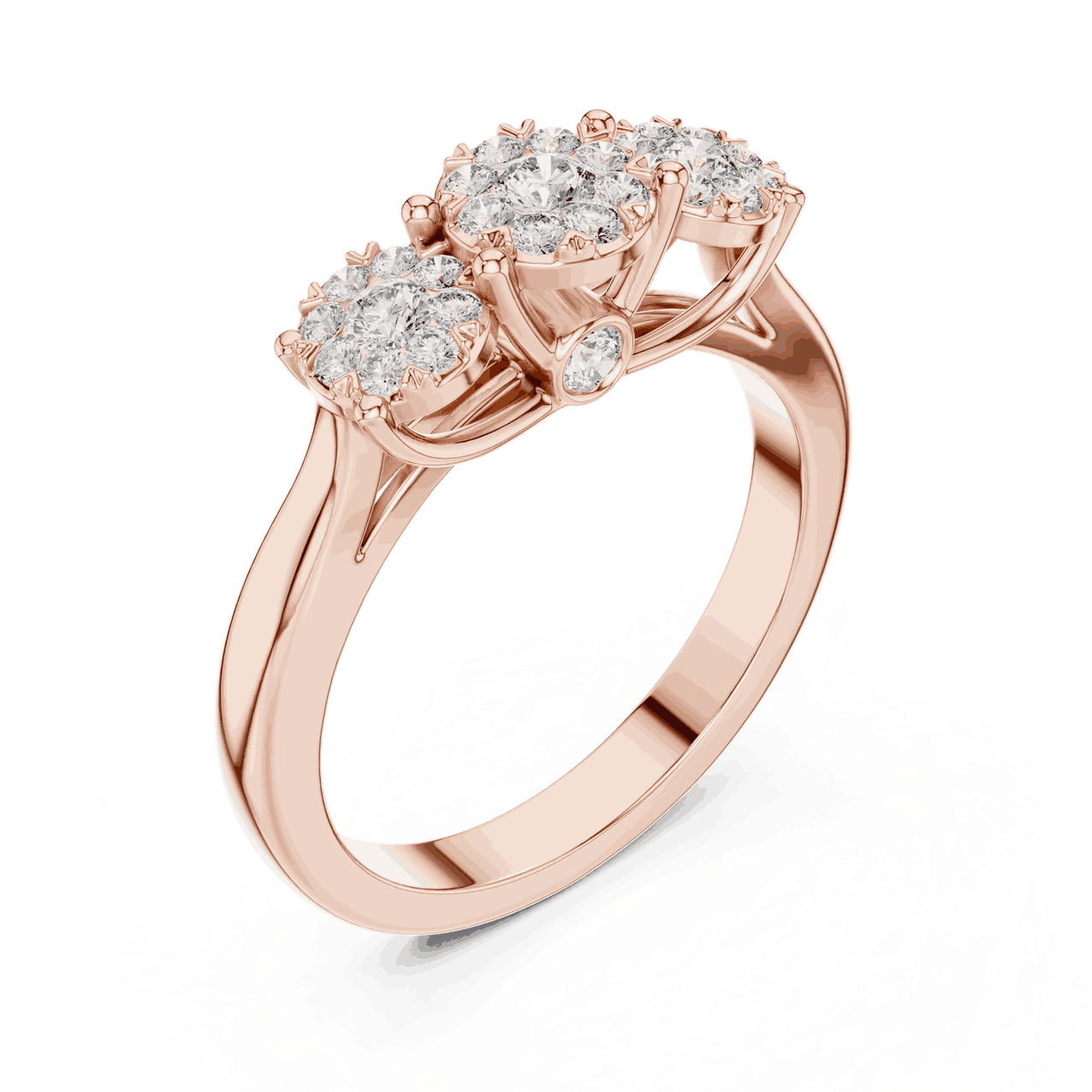 10K Rose Gold Diamond Engagement Ring featuring Trilogy Cluster Three-Stone style with Polished finish for women - Perfect Bridal & Anniversary Gift - Angled View 2