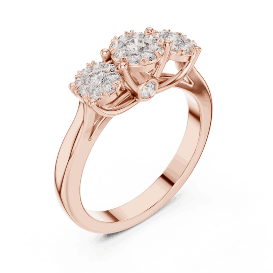 10K Rose Gold Diamond Engagement Ring featuring Trilogy Cluster Three-Stone style with Polished finish for women - Perfect Bridal & Anniversary Gift - Angled View 2