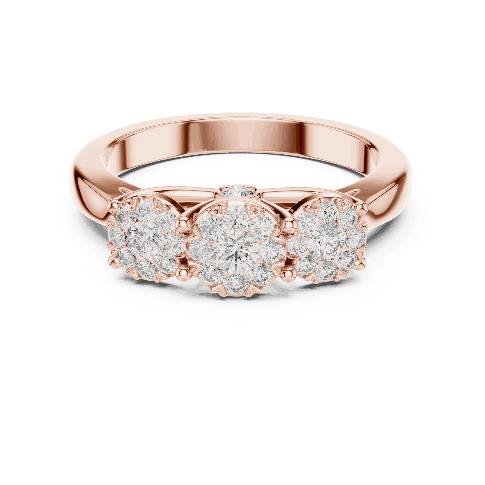 10K Rose Gold Diamond Engagement Ring featuring Trilogy Cluster Three-Stone style with Polished finish for women - Perfect Bridal & Anniversary Gift - Front View