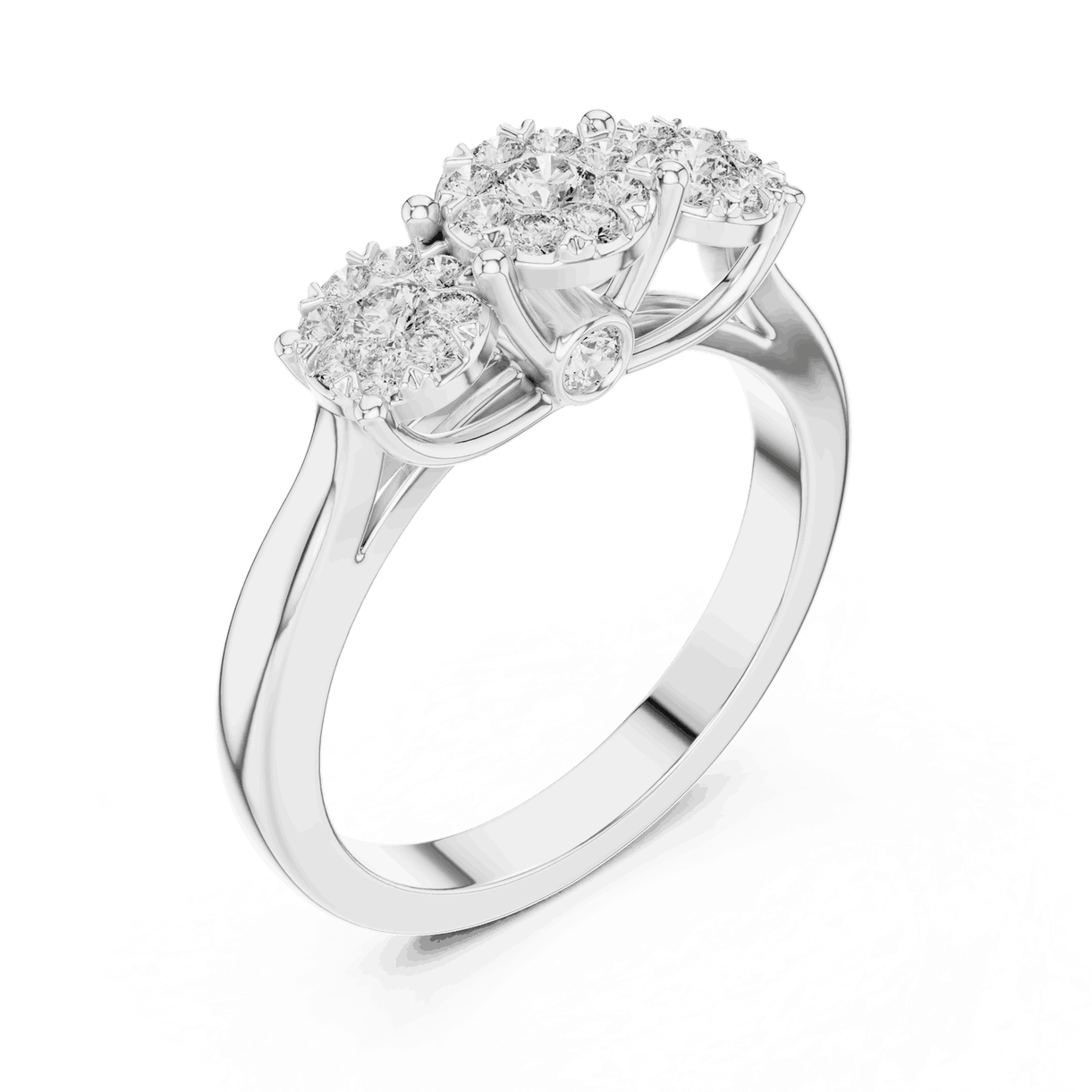 14K White Gold Diamond Engagement Ring featuring Trilogy Cluster Three-Stone style with Polished finish for women - Perfect Bridal & Anniversary Gift - Angled View 2