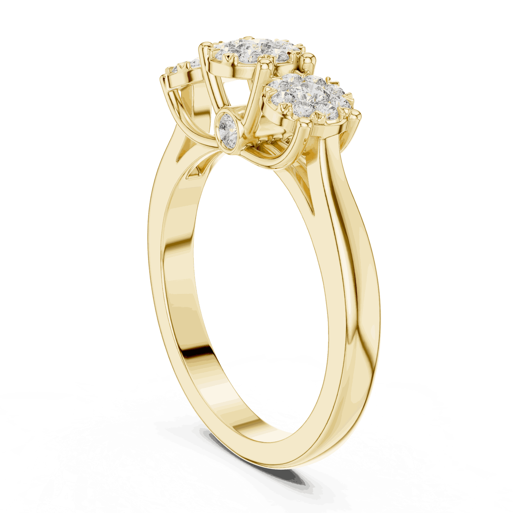 18K Yellow Gold Diamond Engagement Ring featuring Trilogy Cluster Three-Stone style with Polished finish for women - Perfect Bridal & Anniversary Gift - Angled View