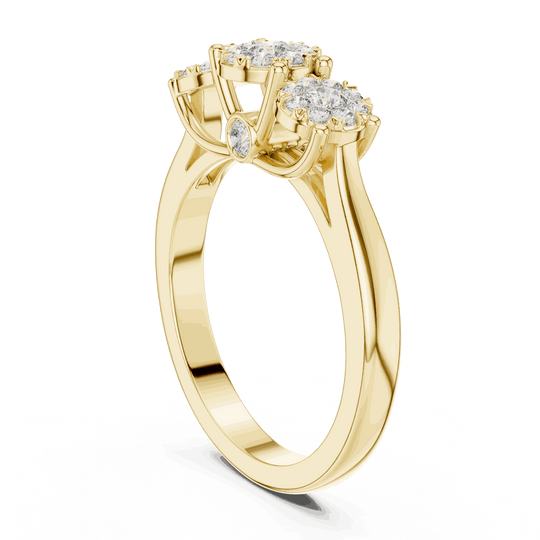 18K Yellow Gold Diamond Engagement Ring featuring Trilogy Cluster Three-Stone style with Polished finish for women - Perfect Bridal & Anniversary Gift - Angled View