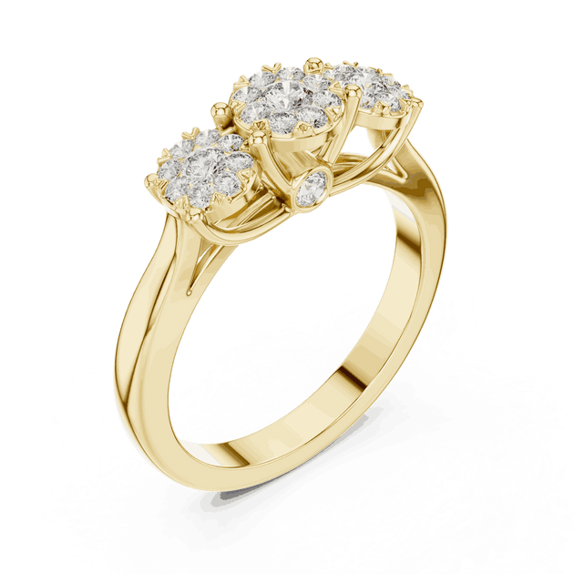 18K Yellow Gold Diamond Engagement Ring featuring Trilogy Cluster Three-Stone style with Polished finish for women - Perfect Bridal & Anniversary Gift - Angled View 2