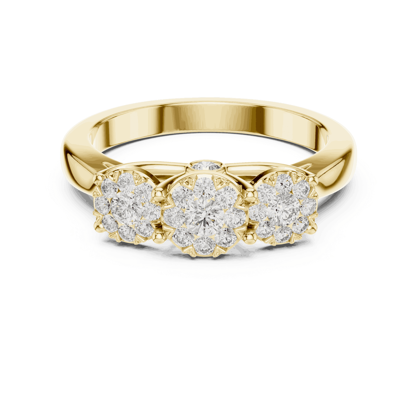 18K Yellow Gold Diamond Engagement Ring featuring Trilogy Cluster Three-Stone style with Polished finish for women - Perfect Bridal & Anniversary Gift - Front View
