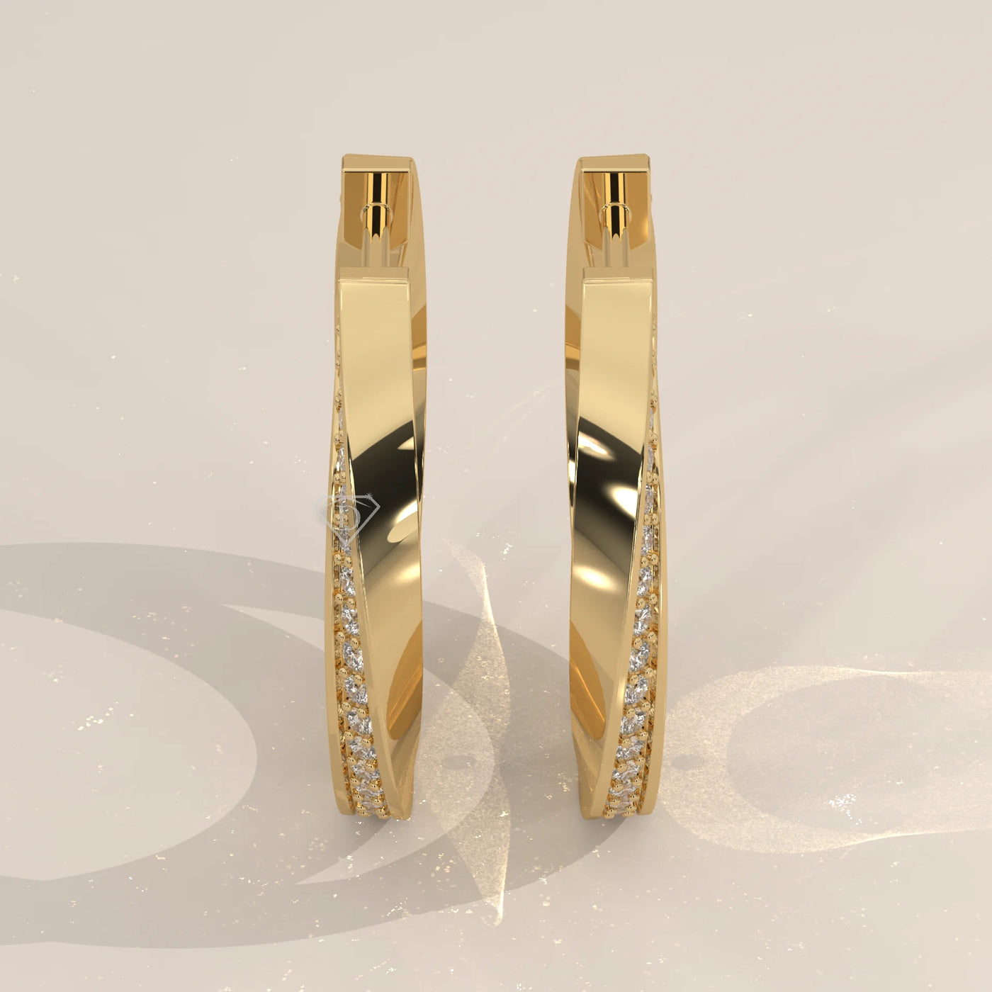 Pair Front View: Round Diamond Hoop Earrings with Prong Setting in Yellow Gold – Lab Grown – Driona Jewels