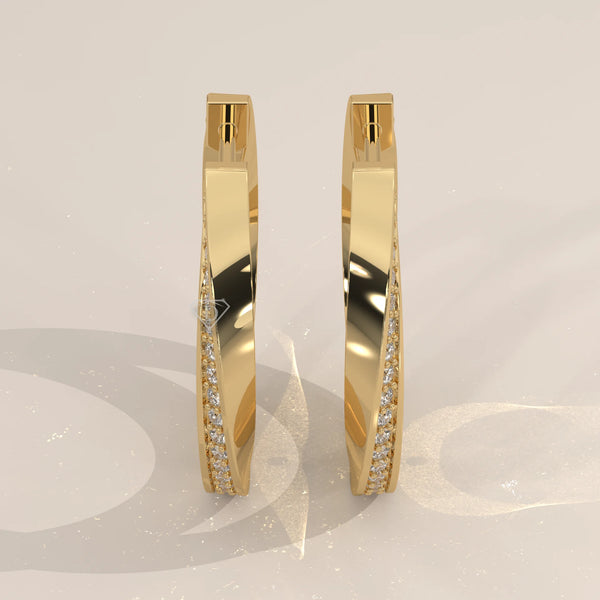 Pair Front View: Round Diamond Hoop Earrings with Prong Setting in Yellow Gold – Lab Grown – Driona Jewels