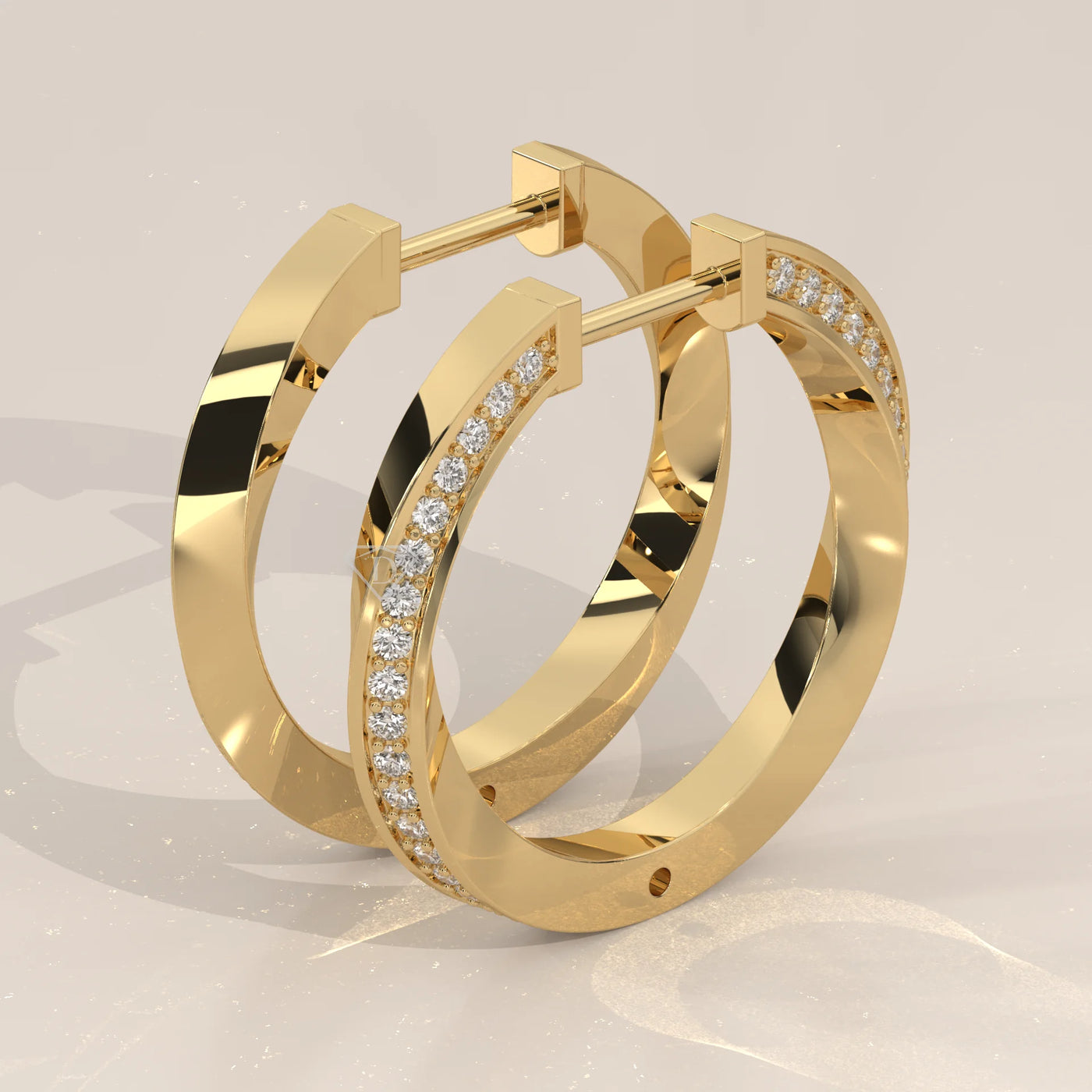 Three-Quarter View: Round Diamond Hoop Earrings with Prong Setting in Yellow Gold – Lab Grown – Driona Jewels