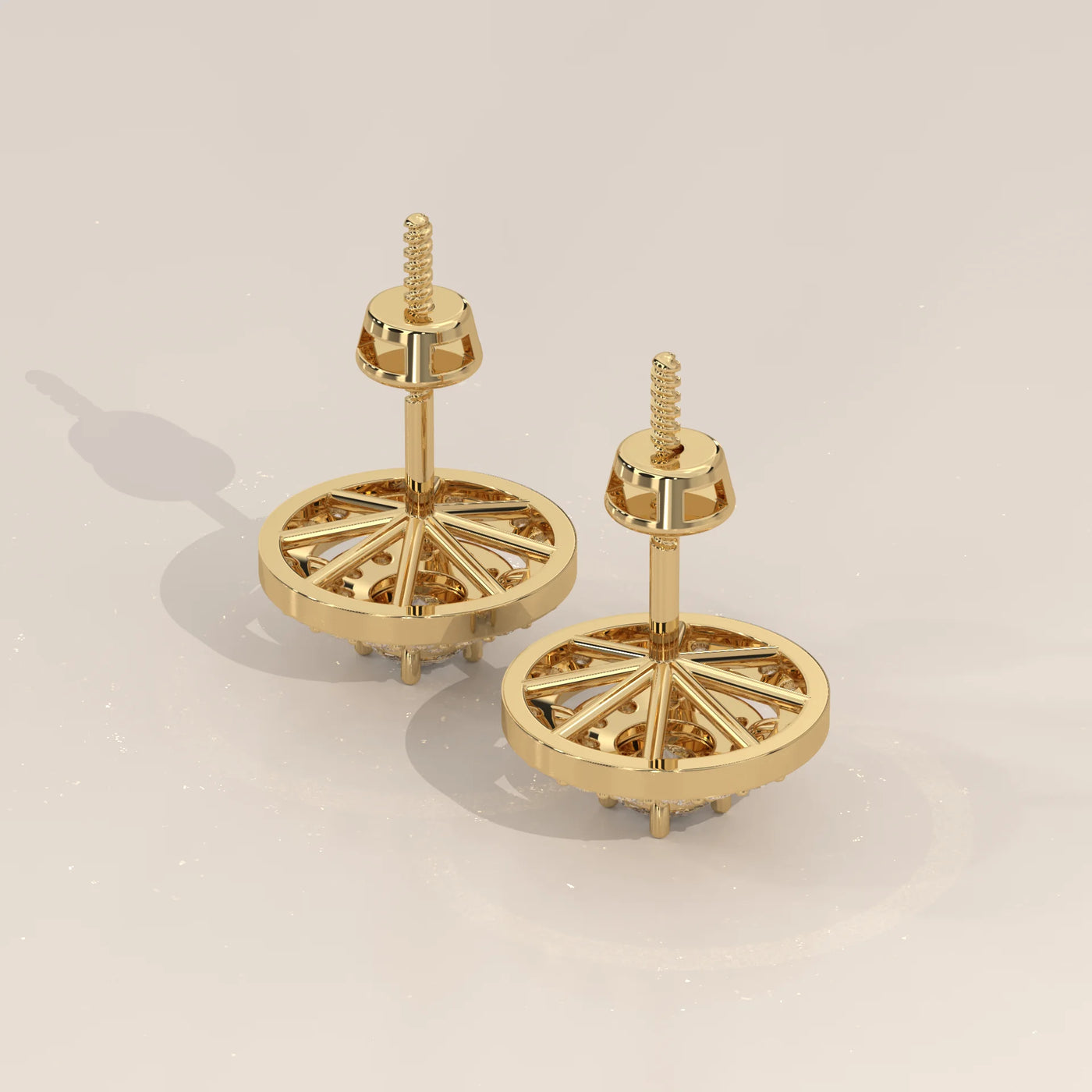 Angle View: Round Diamond Stud Earrings with Double Halo Setting in Yellow Gold – Lab Grown – Driona Jewels