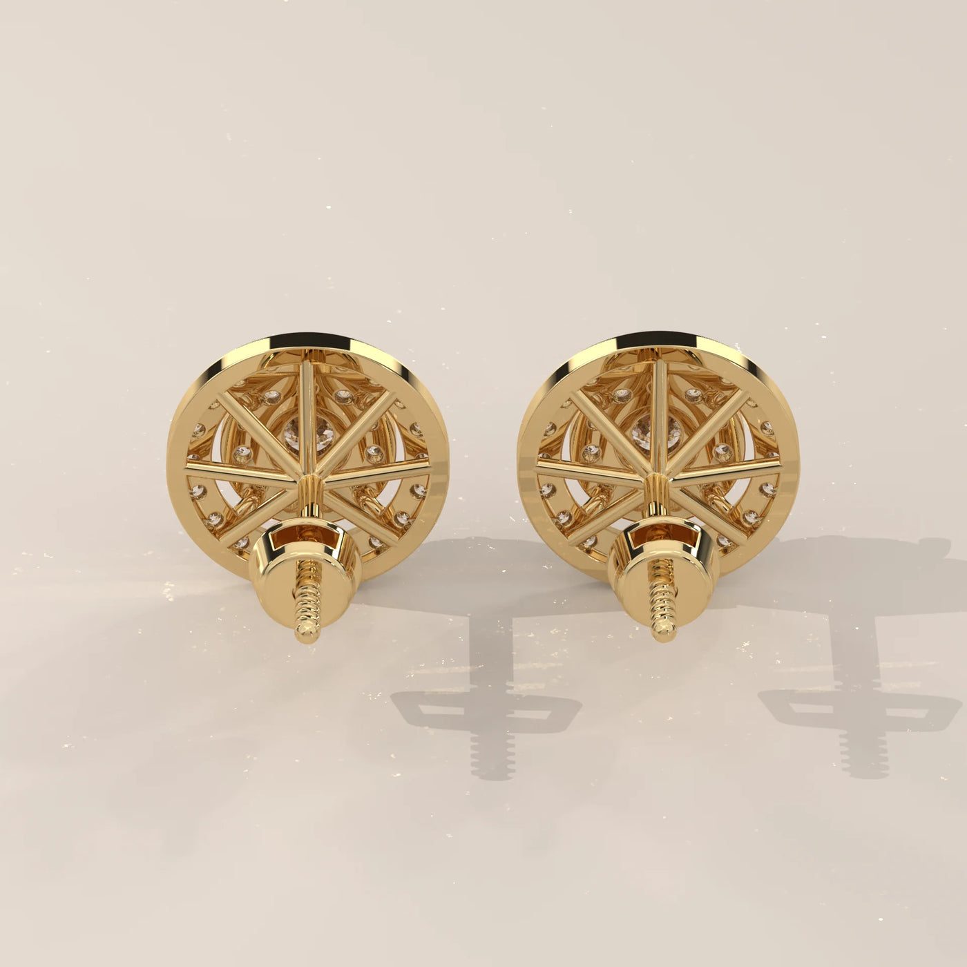 Back View: Round Diamond Stud Earrings with Double Halo Setting in Yellow Gold – Lab Grown – Driona Jewels