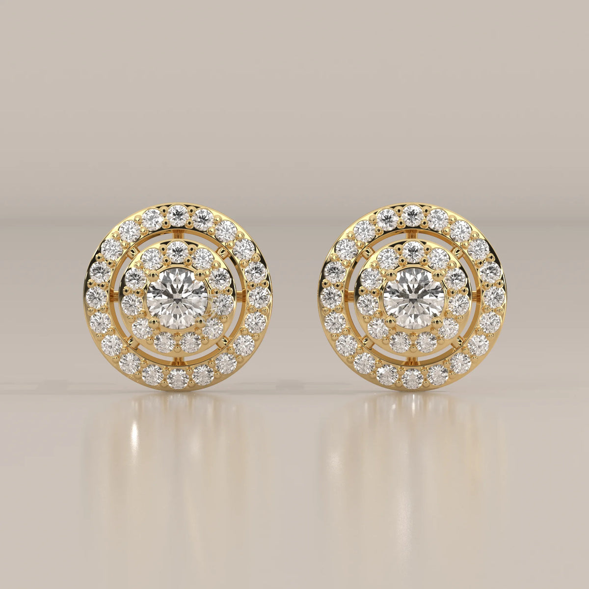Front View: Round Diamond Stud Earrings with Double Halo Setting in Yellow Gold – Lab Grown – Driona Jewels
